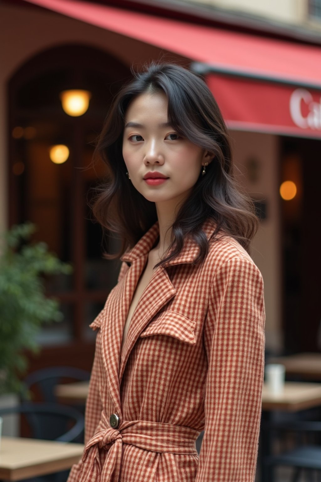 stylish and chic  woman in Milan wearing high fashion attire in front of a classic Italian café