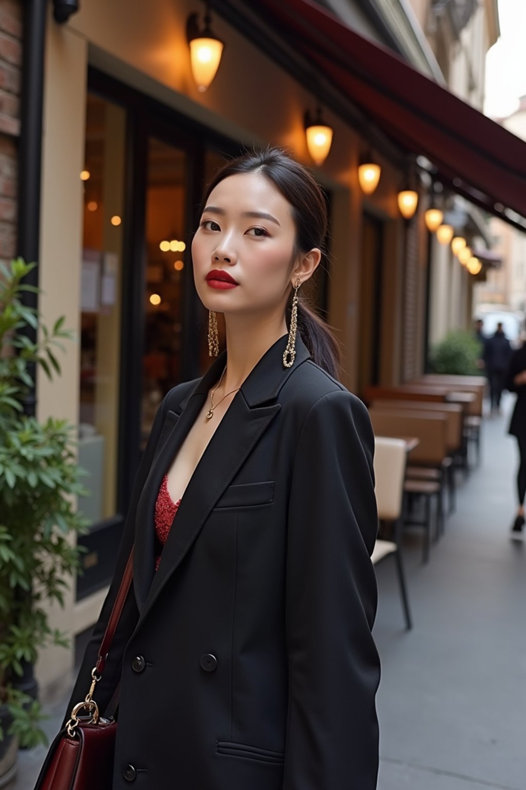 stylish and chic  woman in Milan wearing high fashion attire in front of a classic Italian café