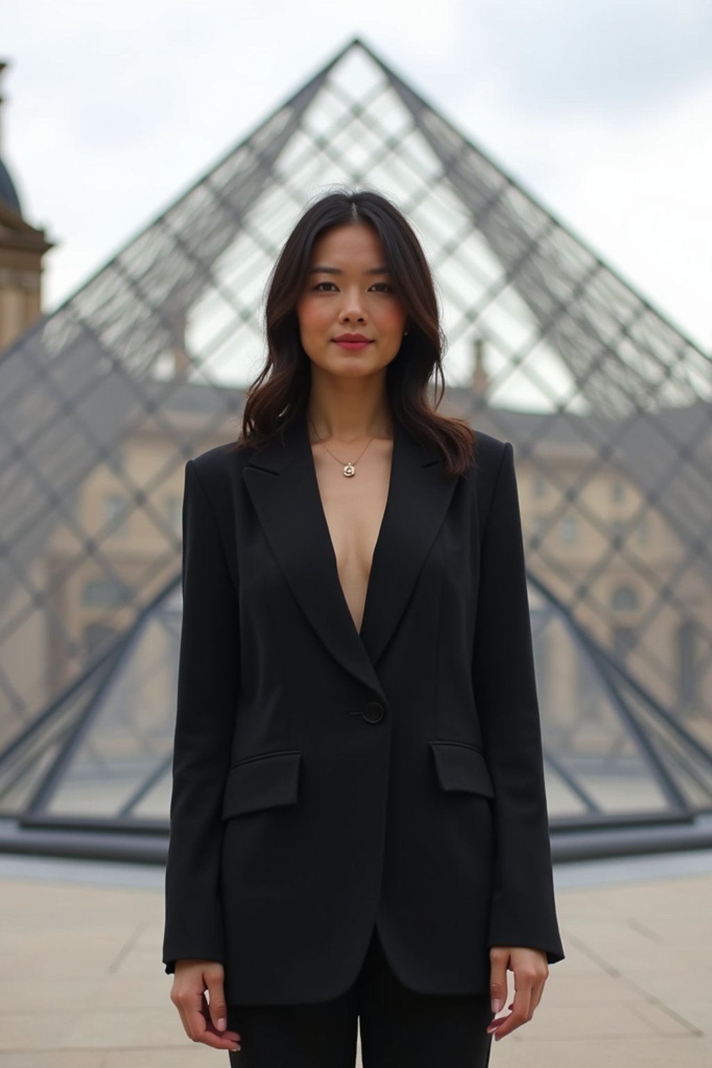 stylish and chic  woman in Paris wearing a chic black dress/suit, Louvre pyramid in the background