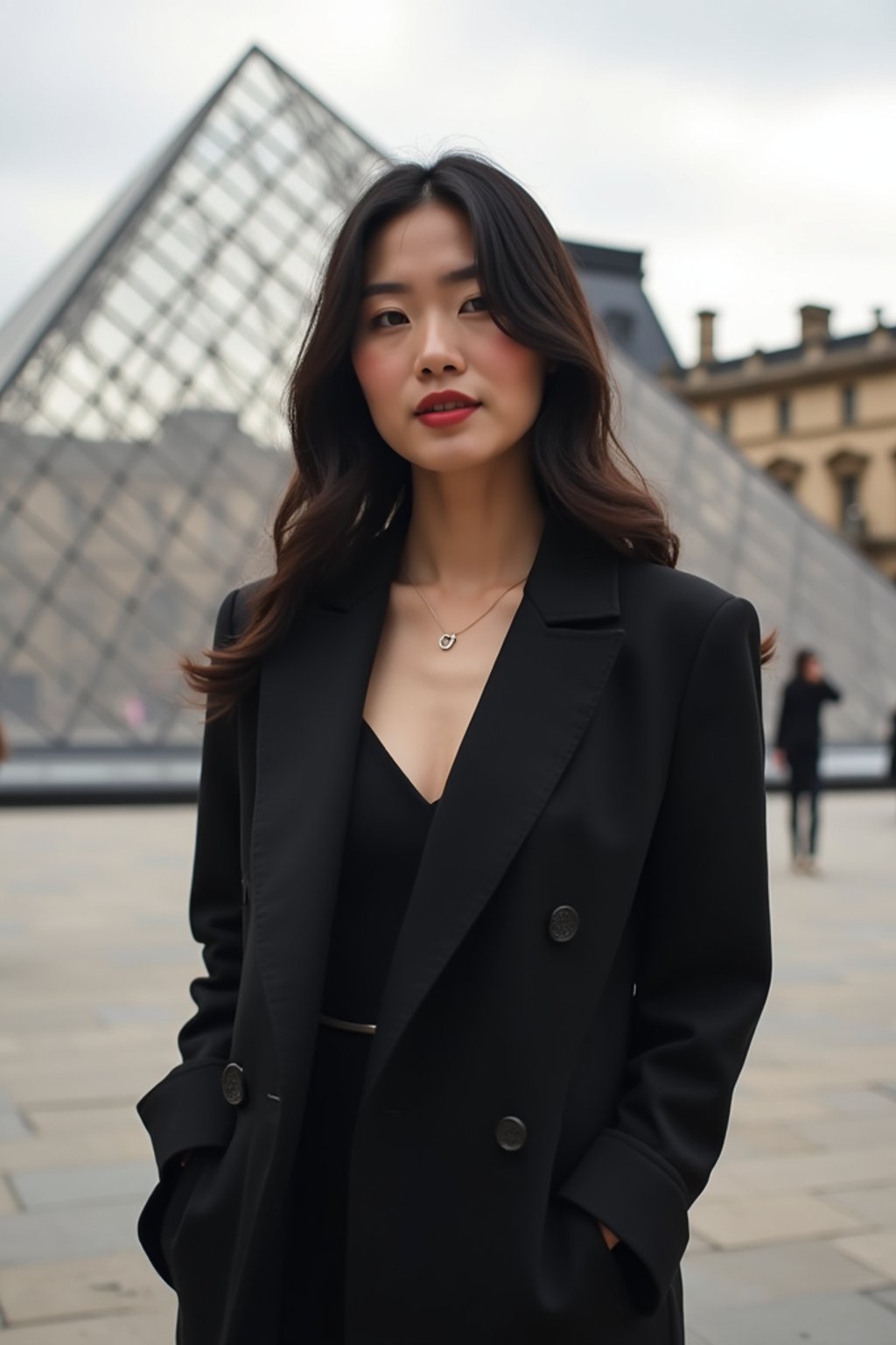 stylish and chic  woman in Paris wearing a chic black dress/suit, Louvre pyramid in the background