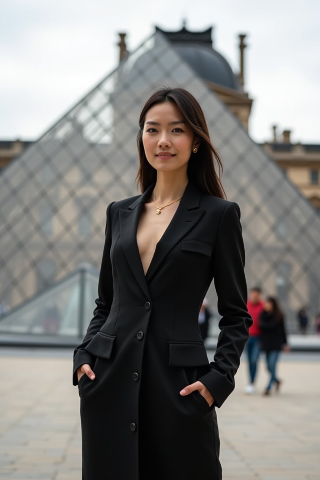 stylish and chic  woman in Paris wearing a chic black dress/suit, Louvre pyramid in the background