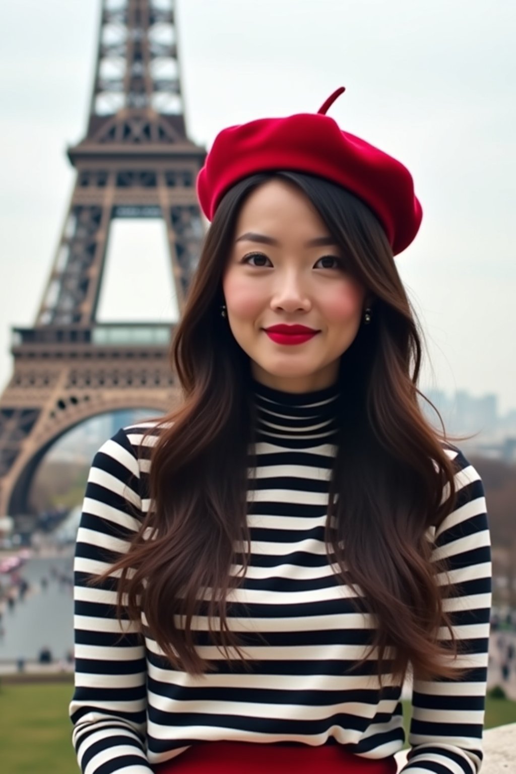 stylish and chic  woman in Paris, wearing a beret and striped top, Eiffel Tower in the background