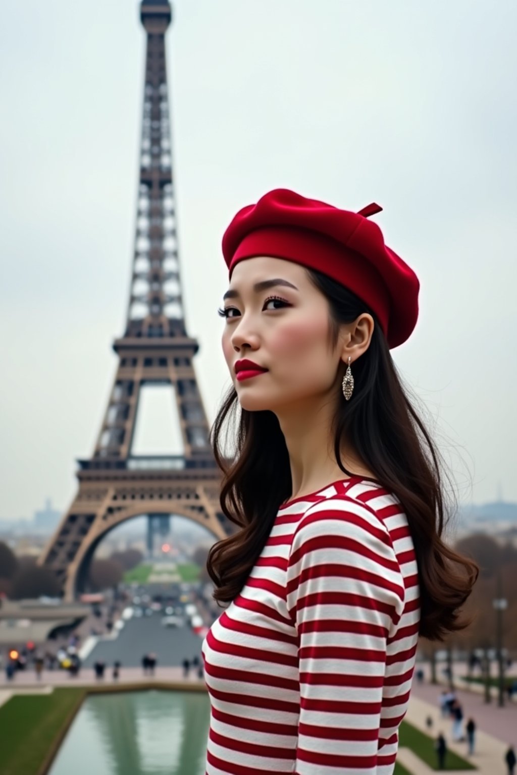 stylish and chic  woman in Paris, wearing a beret and striped top, Eiffel Tower in the background