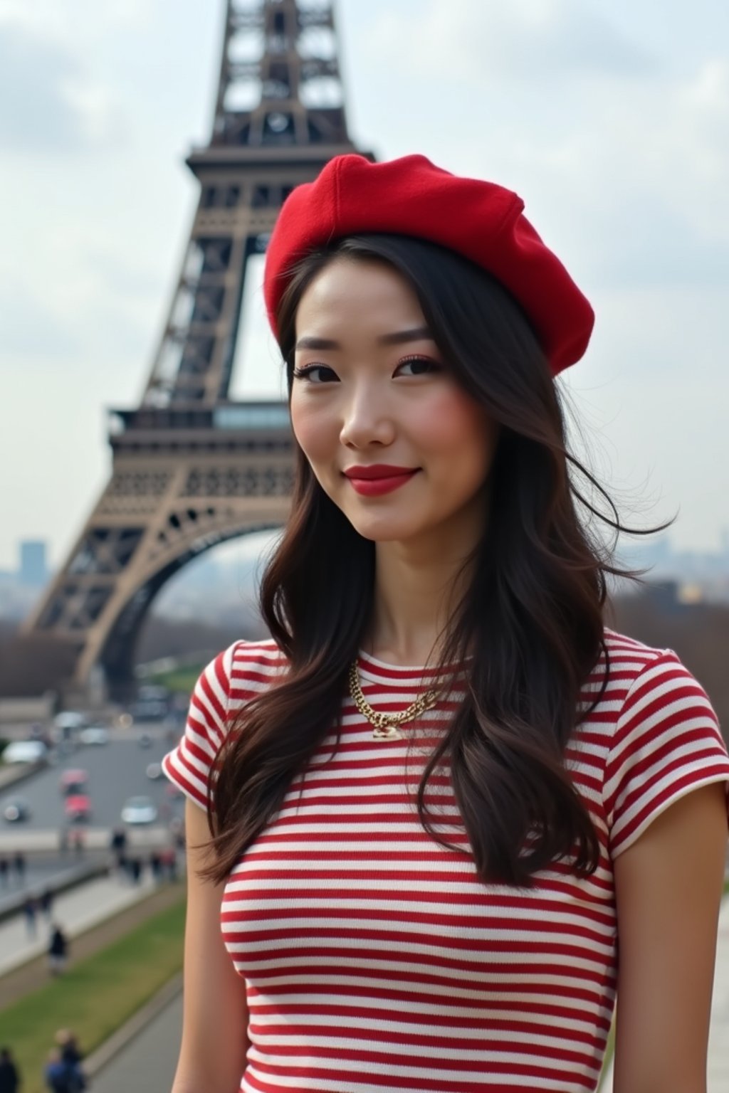 stylish and chic  woman in Paris, wearing a beret and striped top, Eiffel Tower in the background