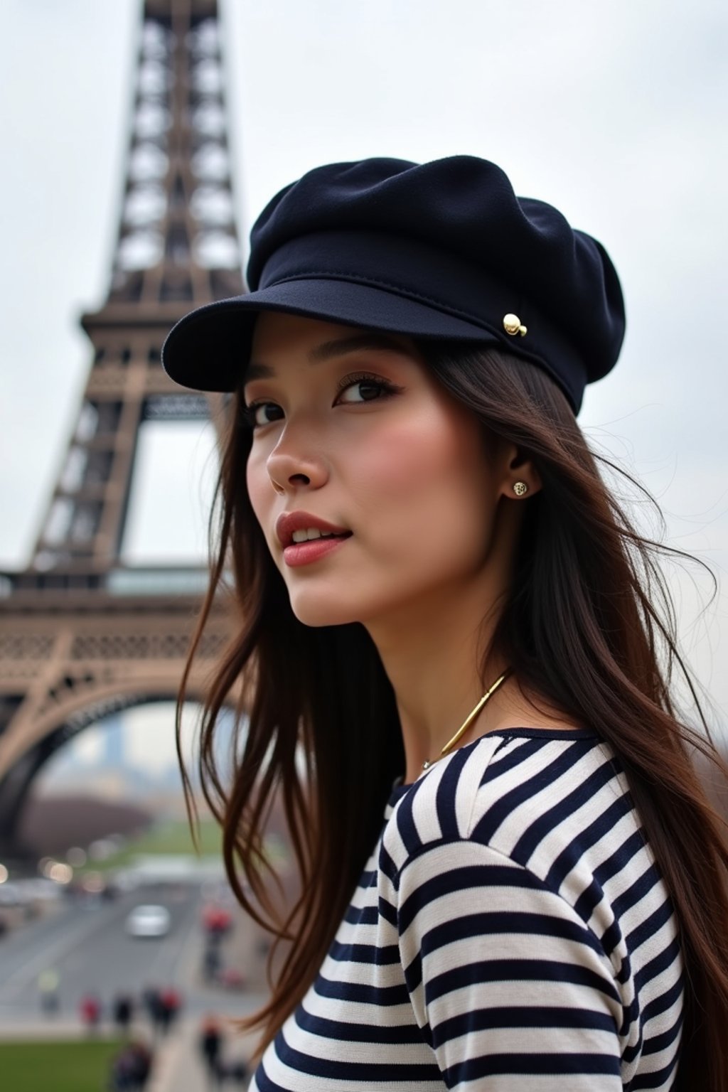 stylish and chic  woman in Paris, wearing a beret and striped top, Eiffel Tower in the background