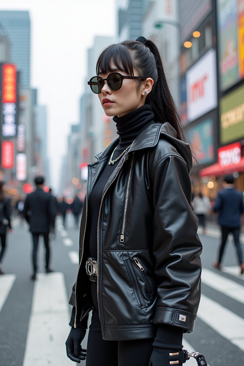 stylish and chic  woman in Tokyo wearing a futuristic outfit, Shibuya crossing in the background