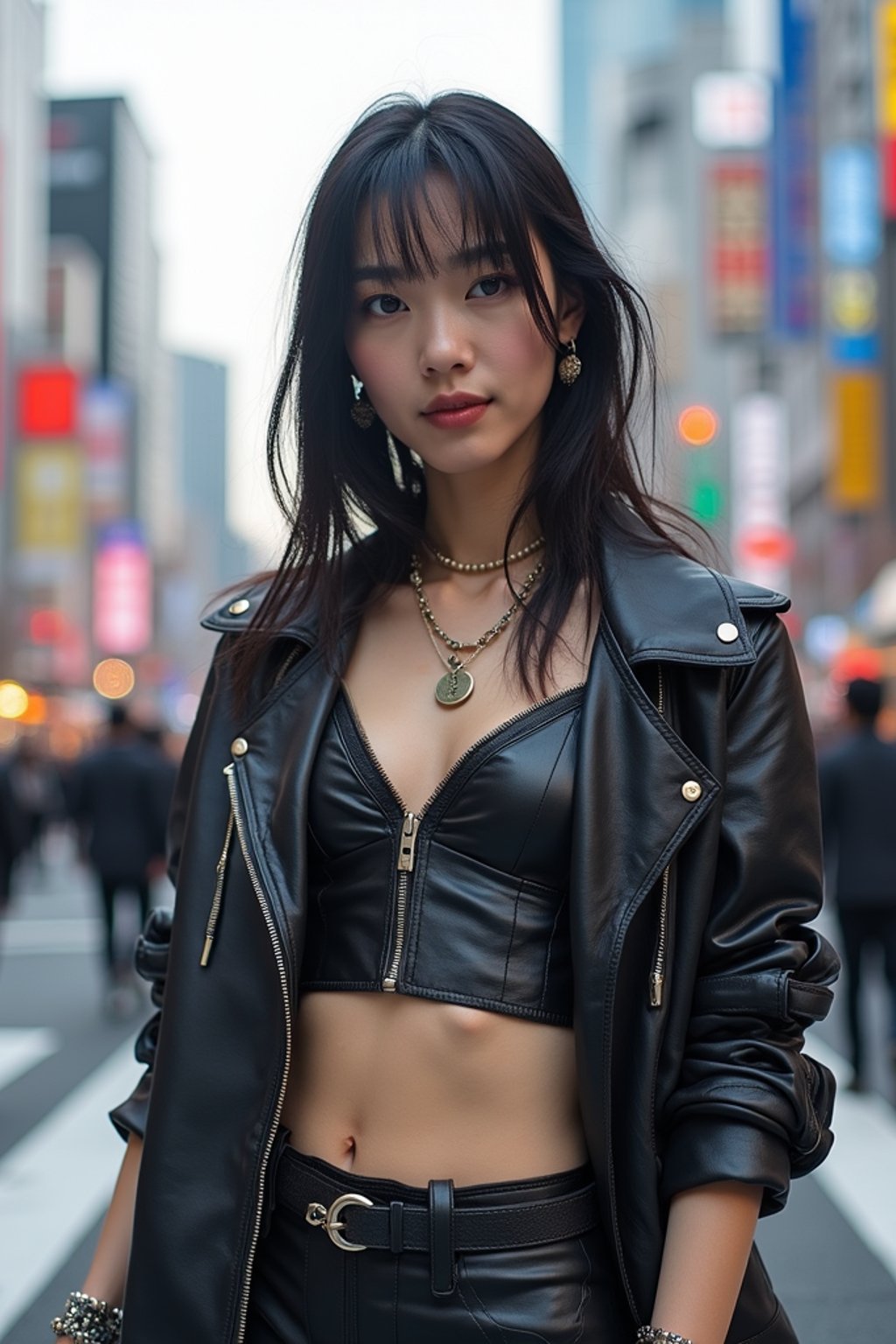 stylish and chic  woman in Tokyo wearing a futuristic outfit, Shibuya crossing in the background