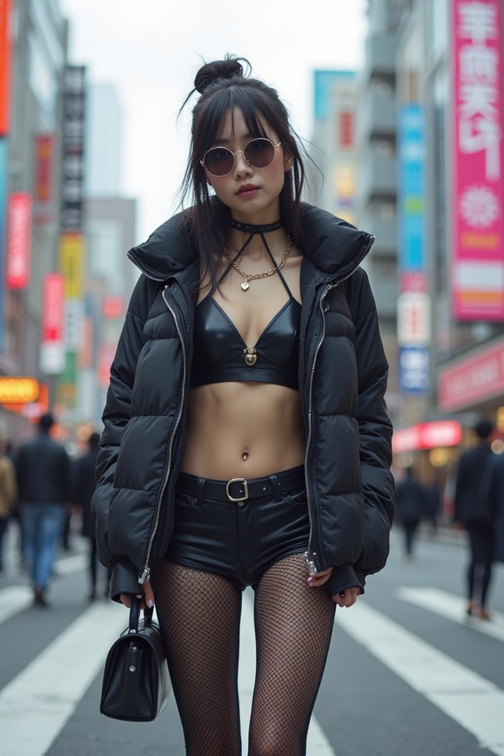 stylish and chic  woman in Tokyo wearing a futuristic outfit, Shibuya crossing in the background