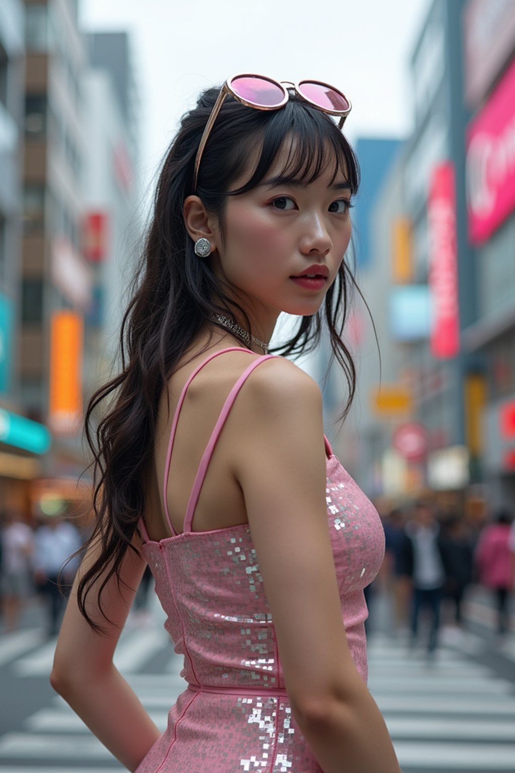 stylish and chic  woman in Tokyo wearing a futuristic outfit, Shibuya crossing in the background