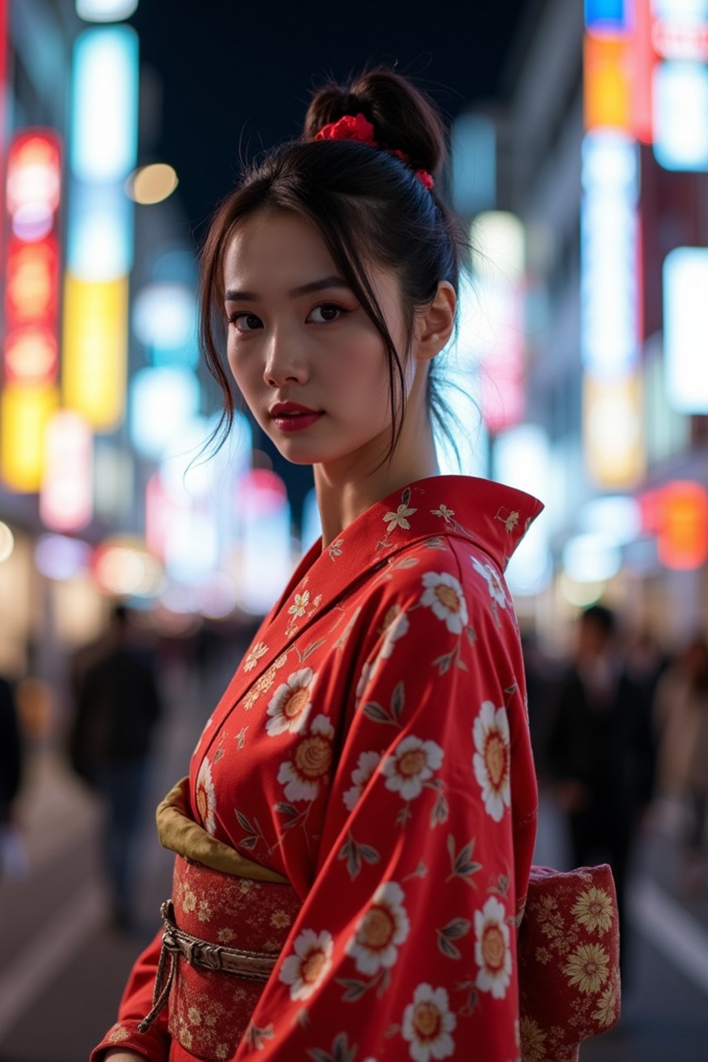 stylish and chic  woman in Tokyo wearing a modern take on a traditional kimono, neon lights of the city in the background