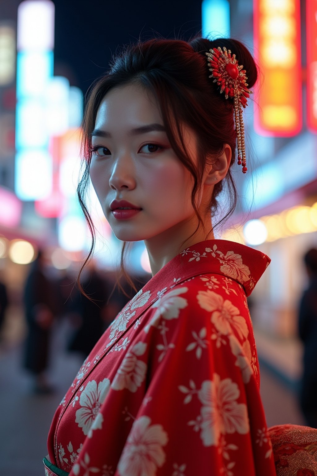 stylish and chic  woman in Tokyo wearing a modern take on a traditional kimono, neon lights of the city in the background