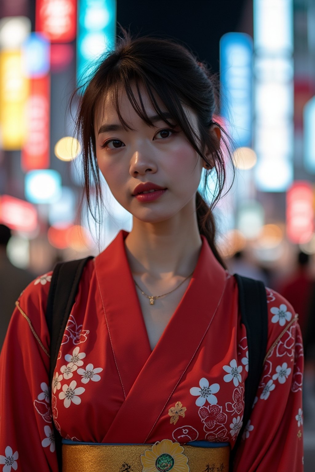 stylish and chic  woman in Tokyo wearing a modern take on a traditional kimono, neon lights of the city in the background