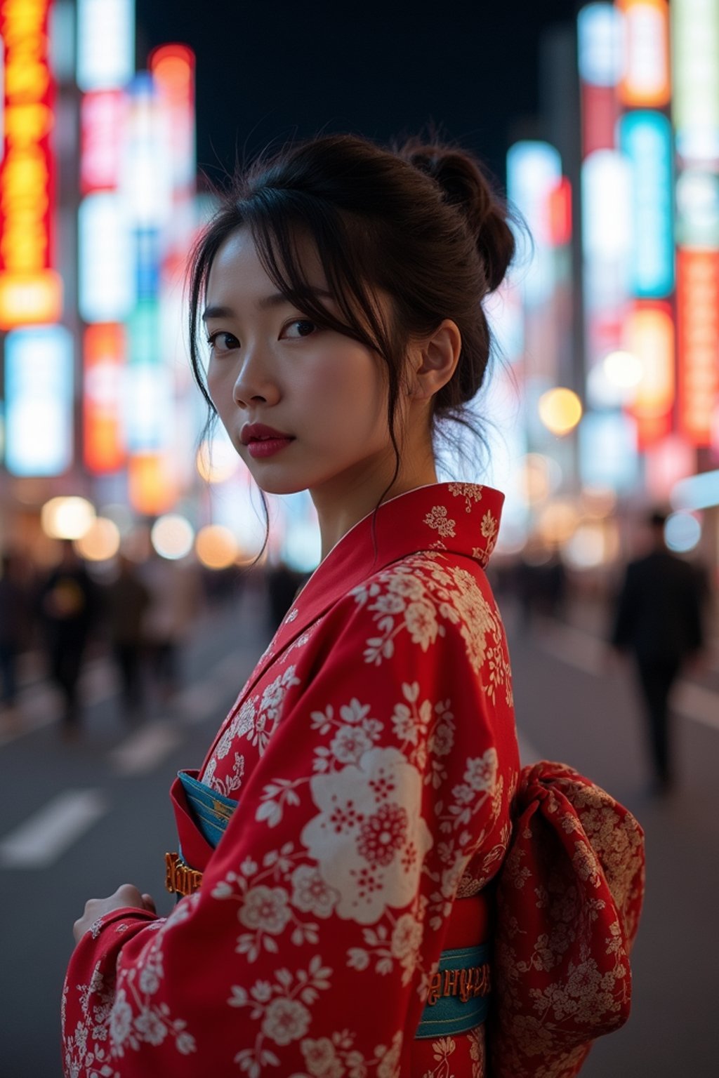 stylish and chic  woman in Tokyo wearing a modern take on a traditional kimono, neon lights of the city in the background