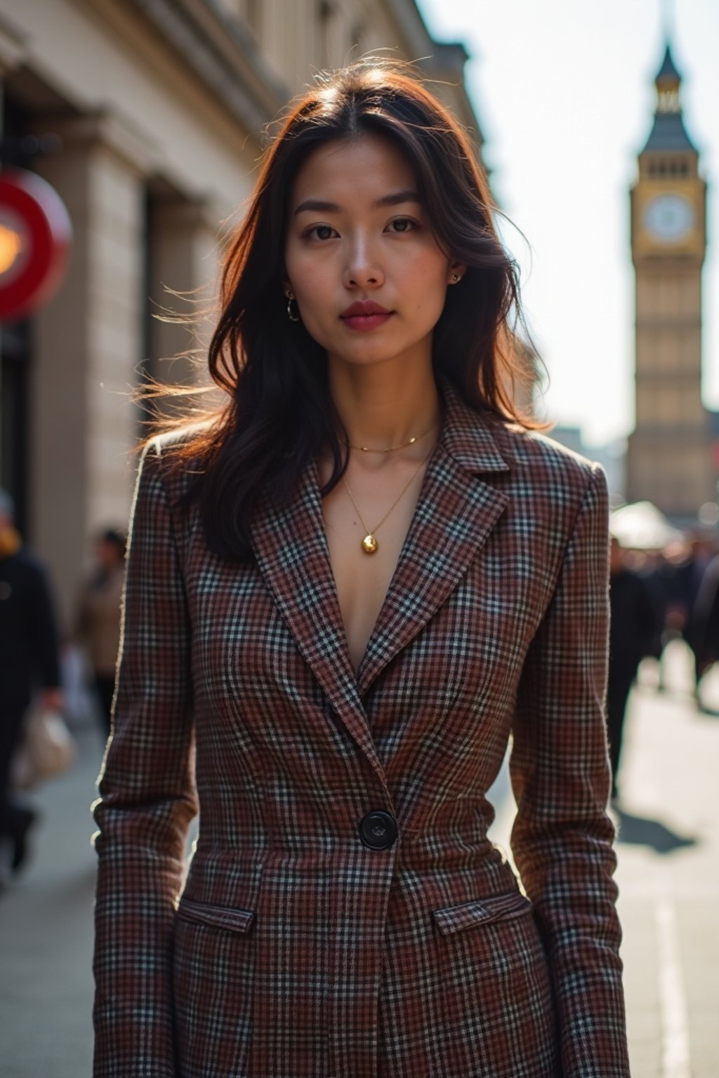 stylish and chic  woman in London wearing a checkered suit, Big Ben in the background