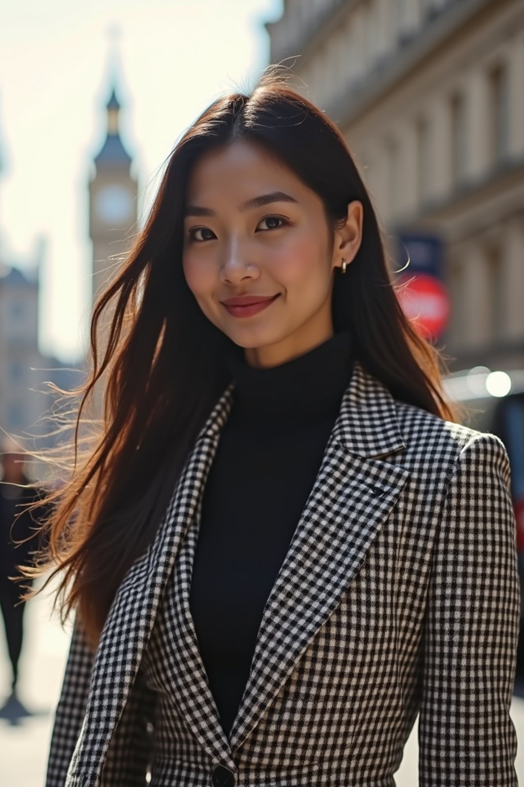 stylish and chic  woman in London wearing a checkered suit, Big Ben in the background