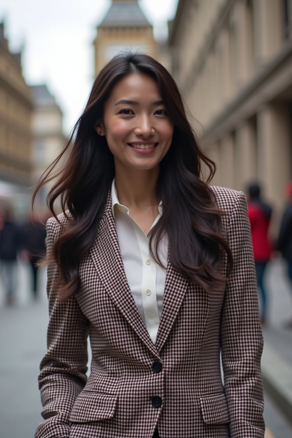 stylish and chic  woman in London wearing a checkered suit, Big Ben in the background