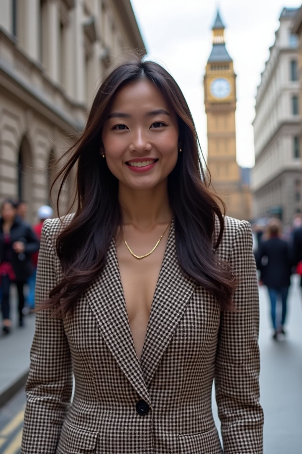 stylish and chic  woman in London wearing a checkered suit, Big Ben in the background