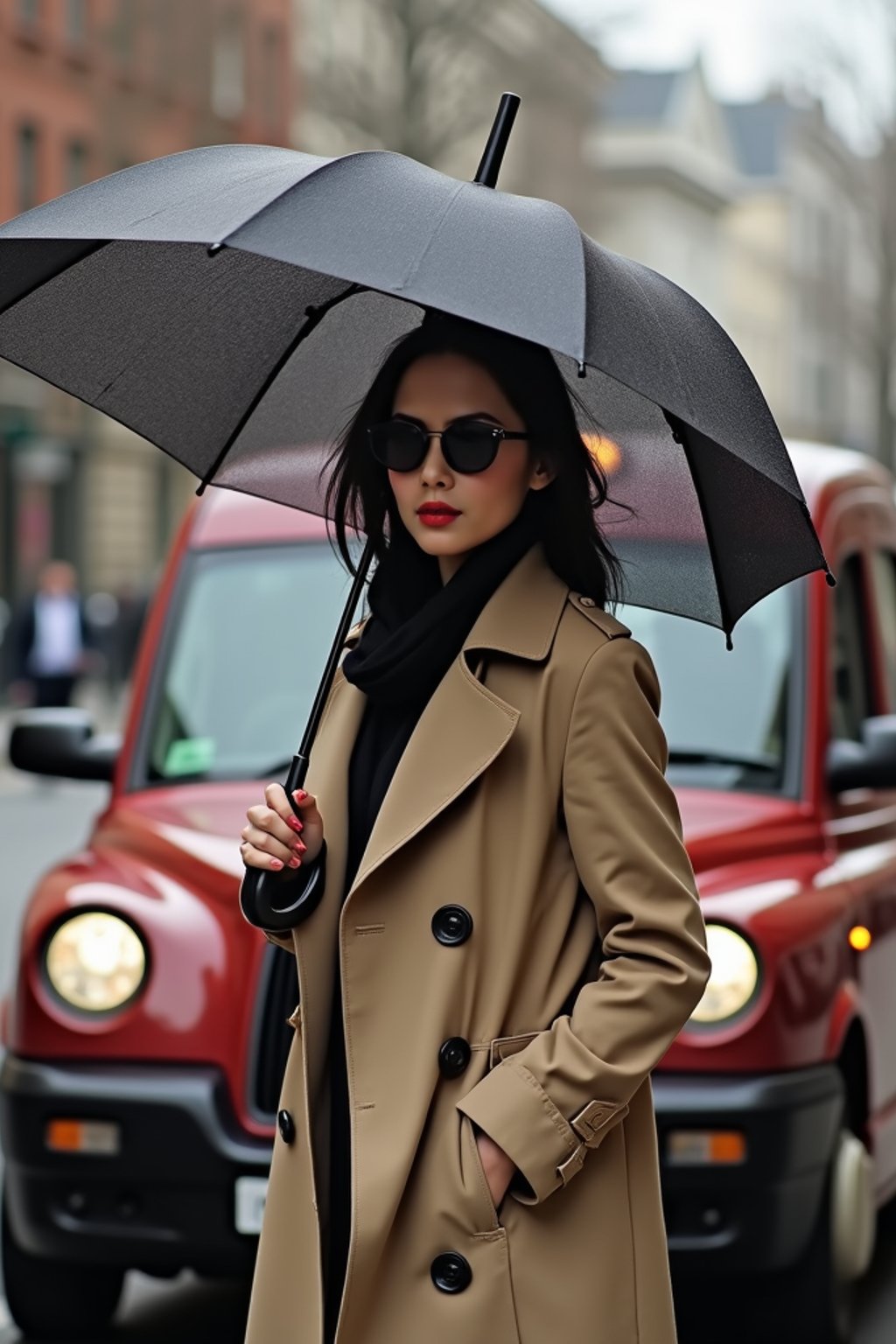 stylish and chic  woman in London sporting a trench coat and holding an umbrella, iconic London cab in the background