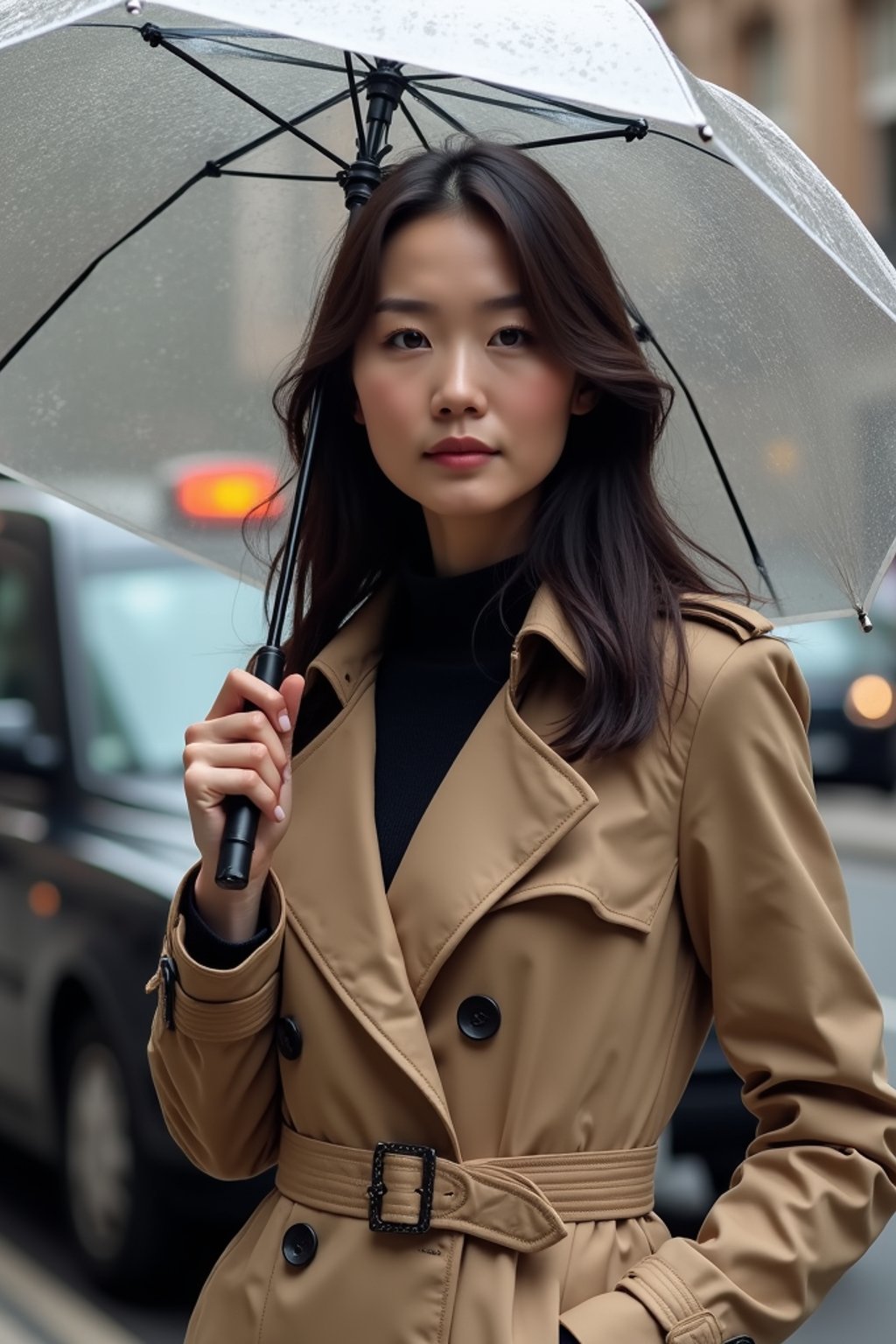 stylish and chic  woman in London sporting a trench coat and holding an umbrella, iconic London cab in the background