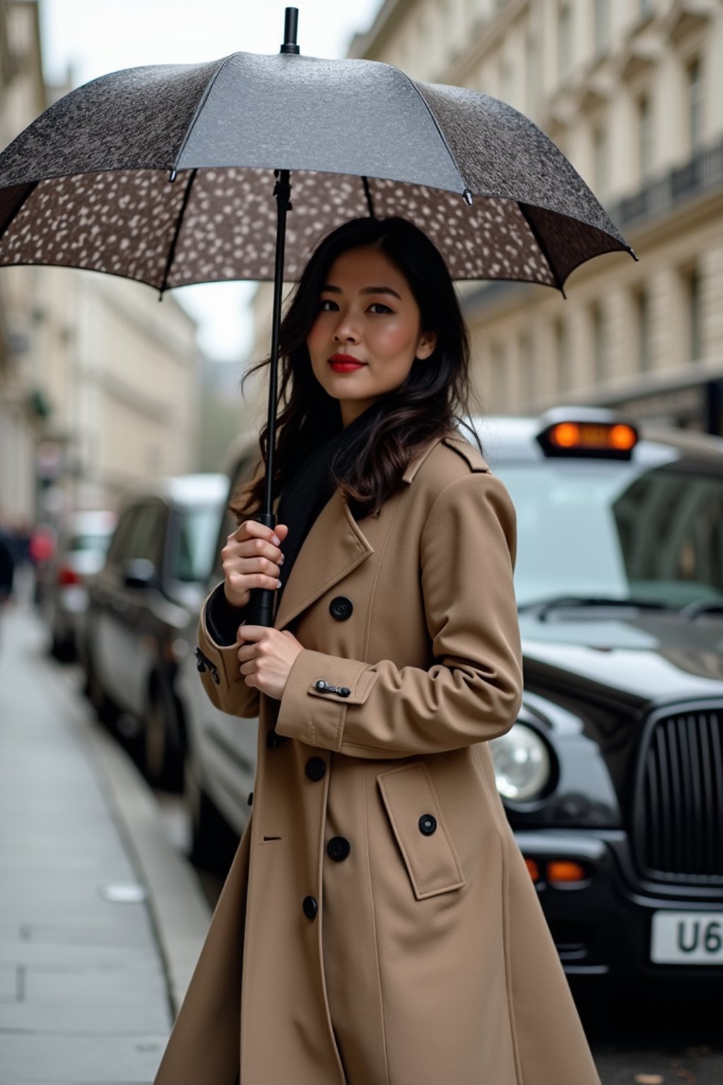 stylish and chic  woman in London sporting a trench coat and holding an umbrella, iconic London cab in the background