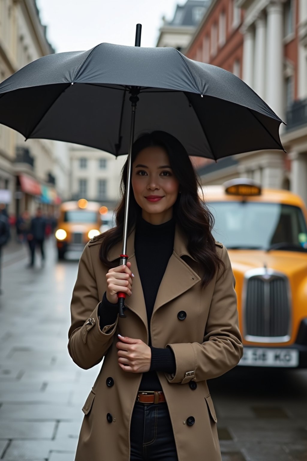 stylish and chic  woman in London sporting a trench coat and holding an umbrella, iconic London cab in the background