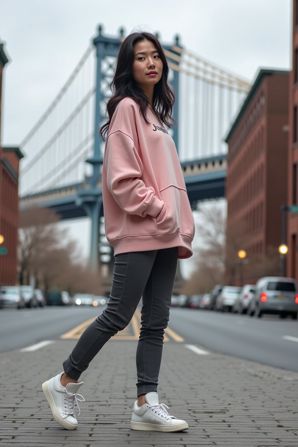 stylish and chic  woman in New York City wearing an oversized sweatshirt and high top sneakers, Brooklyn Bridge in the background