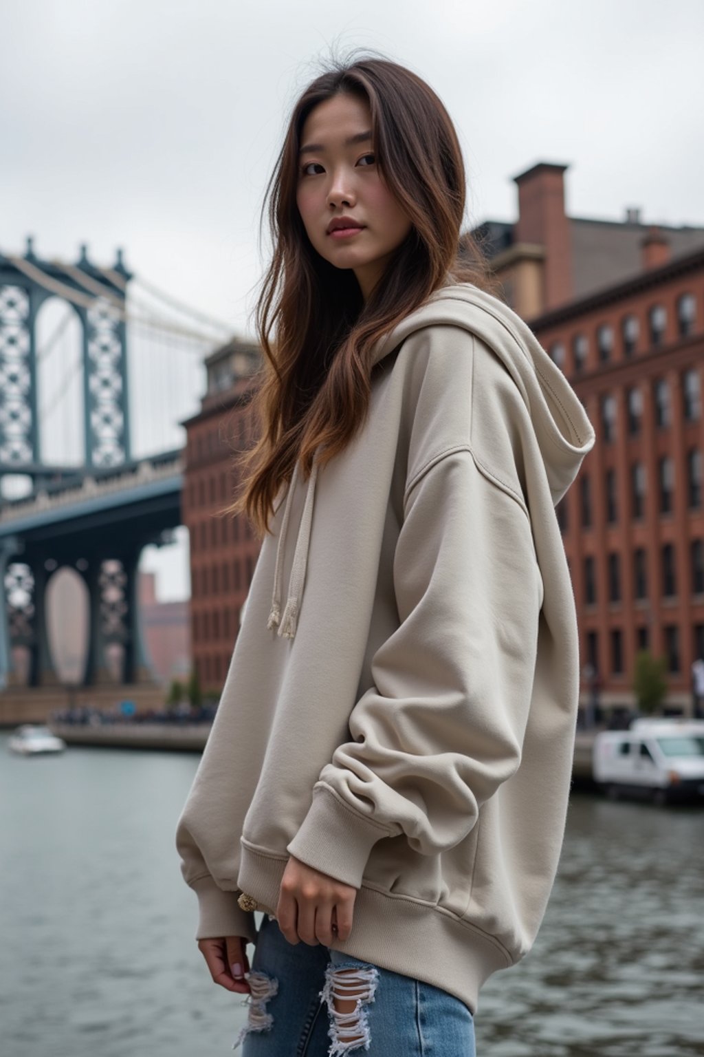 stylish and chic  woman in New York City wearing an oversized sweatshirt and high top sneakers, Brooklyn Bridge in the background