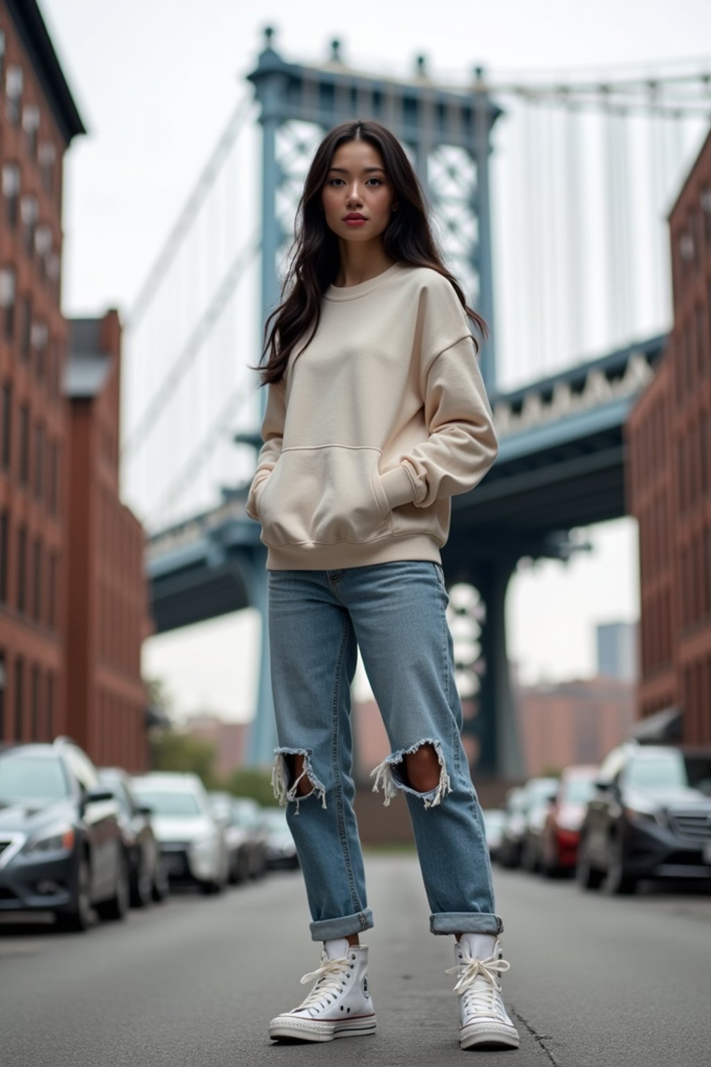 stylish and chic  woman in New York City wearing an oversized sweatshirt and high top sneakers, Brooklyn Bridge in the background