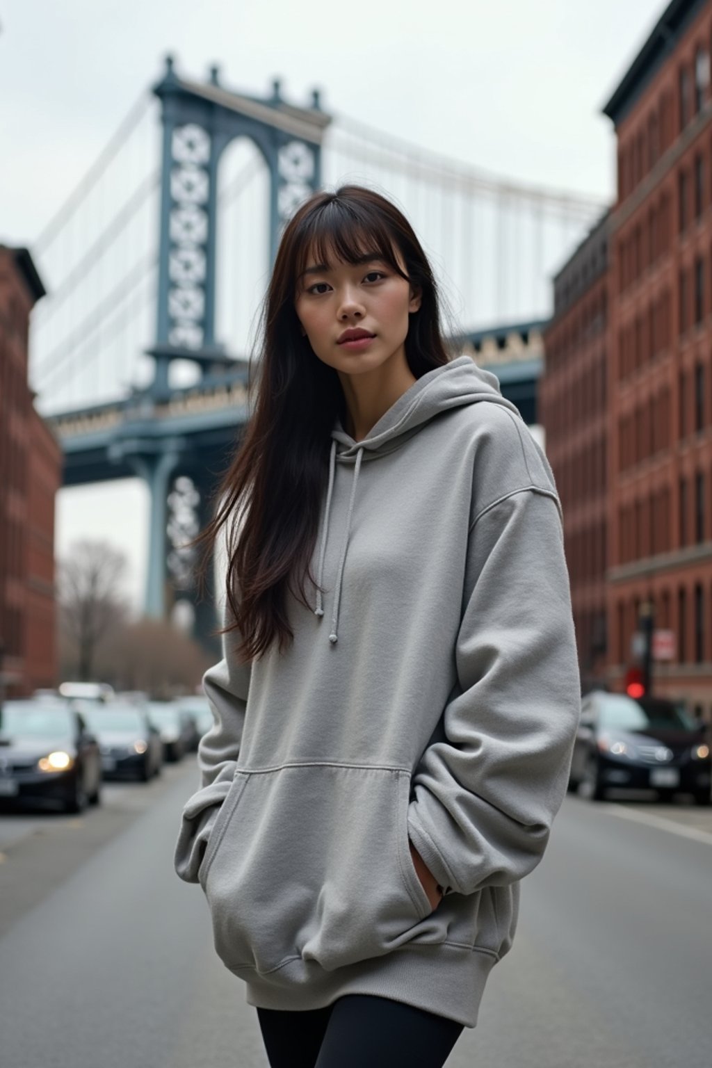 stylish and chic  woman in New York City wearing an oversized sweatshirt and high top sneakers, Brooklyn Bridge in the background