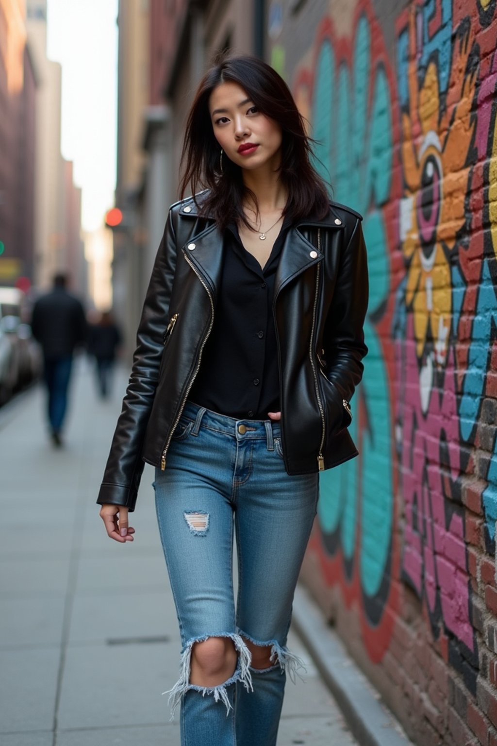 stylish and chic  woman in New York City wearing a leather jacket, jeans, and boots with urban graffiti in the background