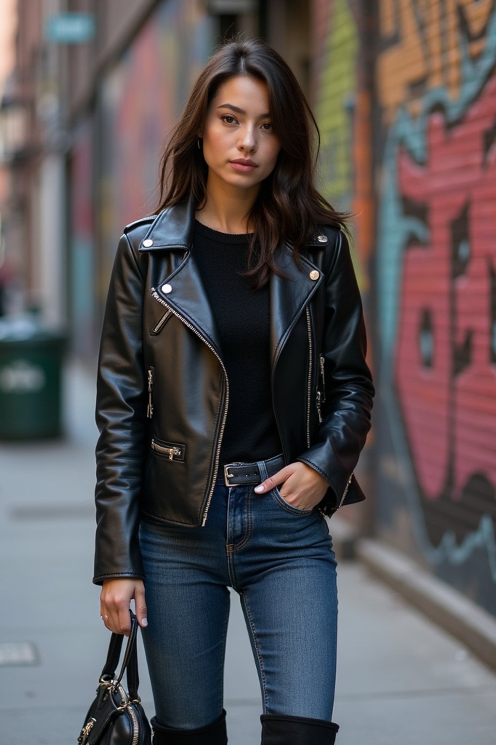 stylish and chic  woman in New York City wearing a leather jacket, jeans, and boots with urban graffiti in the background