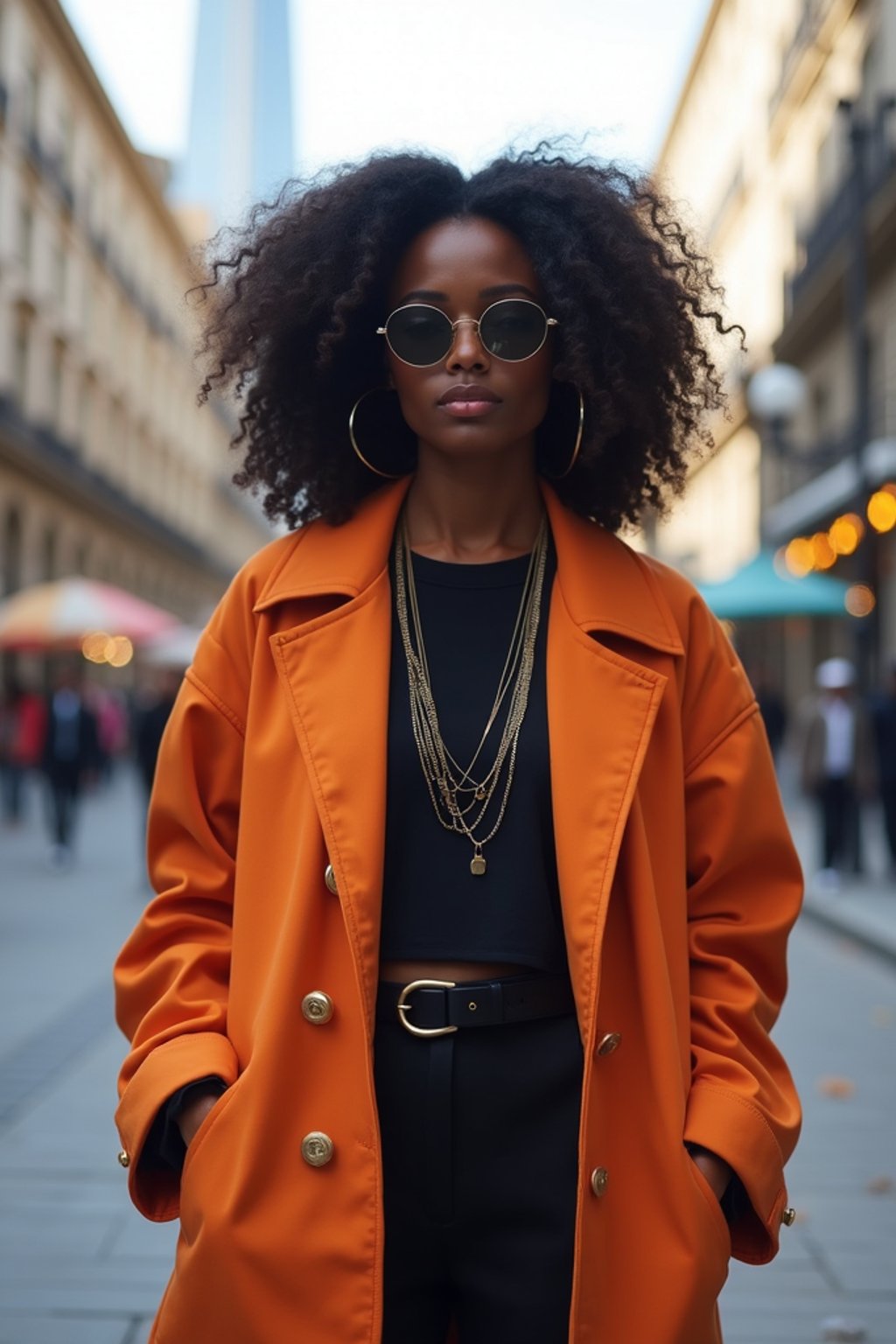 stylish and chic  woman in Buenos Aires wearing a modern street style outfit, Obelisco de Buenos Aires in the background