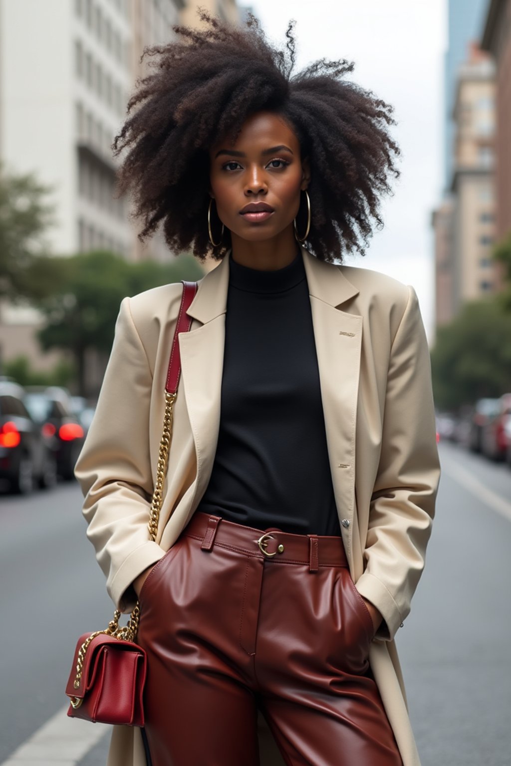 stylish and chic  woman in Buenos Aires wearing a modern street style outfit, Obelisco de Buenos Aires in the background