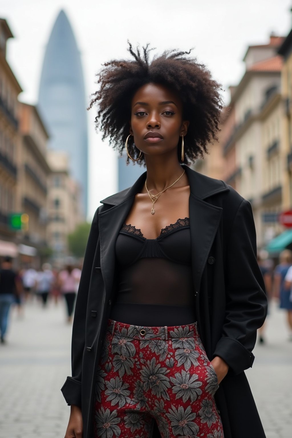 stylish and chic  woman in Buenos Aires wearing a modern street style outfit, Obelisco de Buenos Aires in the background