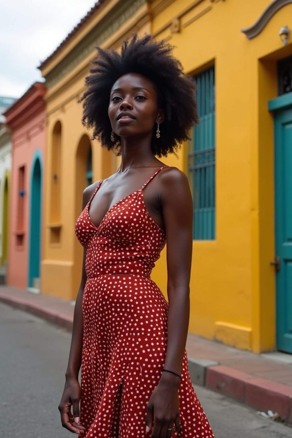 stylish and chic  woman in Buenos Aires wearing a tango-inspired dress/suit, colorful houses of La Boca neighborhood in the background