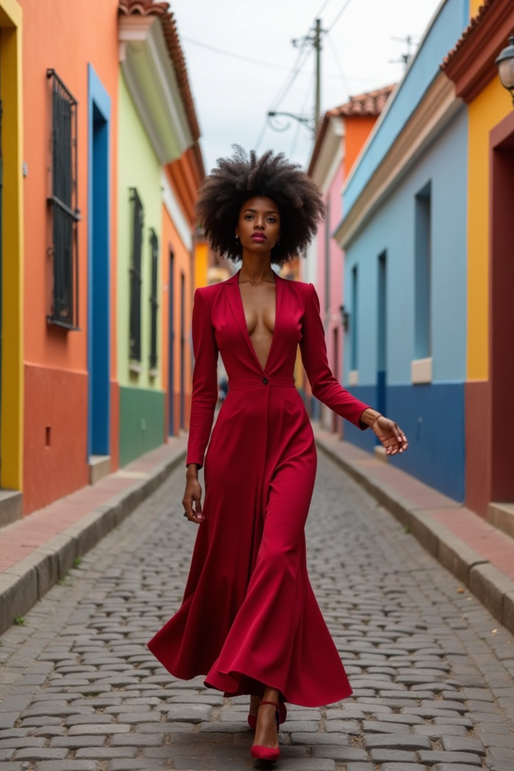 stylish and chic  woman in Buenos Aires wearing a tango-inspired dress/suit, colorful houses of La Boca neighborhood in the background