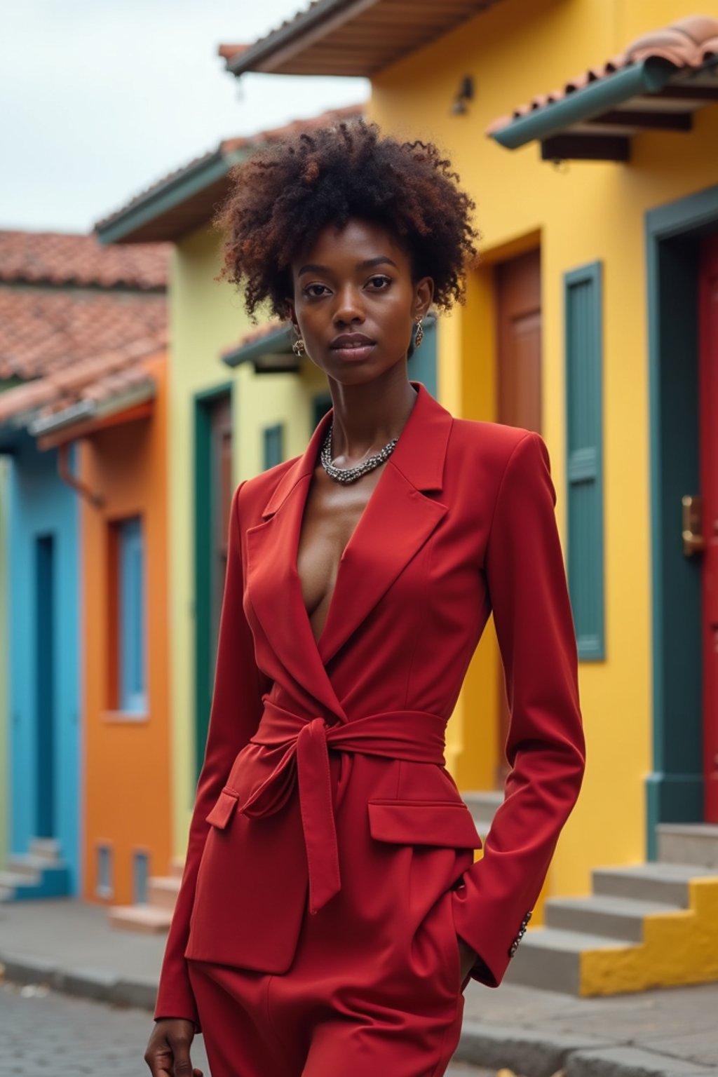 stylish and chic  woman in Buenos Aires wearing a tango-inspired dress/suit, colorful houses of La Boca neighborhood in the background