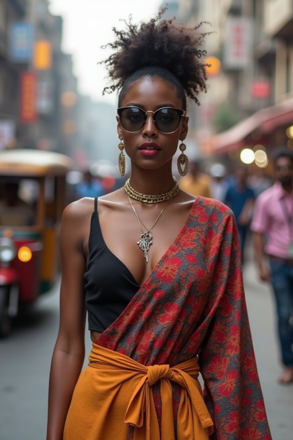 stylish and chic  woman in Mumbai wearing a contemporary fusion outfit, bustling streets of Mumbai in the background