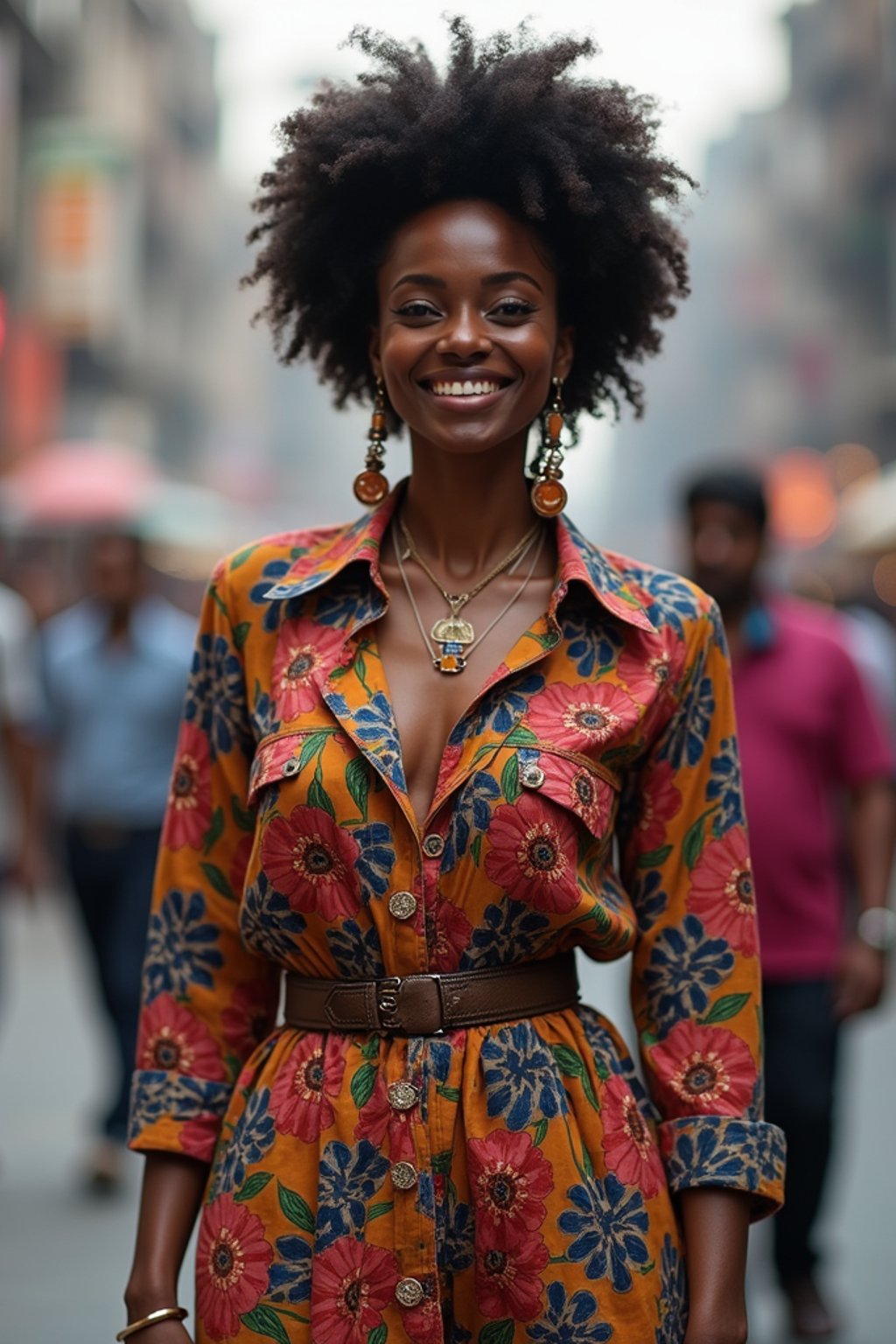 stylish and chic  woman in Mumbai wearing a contemporary fusion outfit, bustling streets of Mumbai in the background