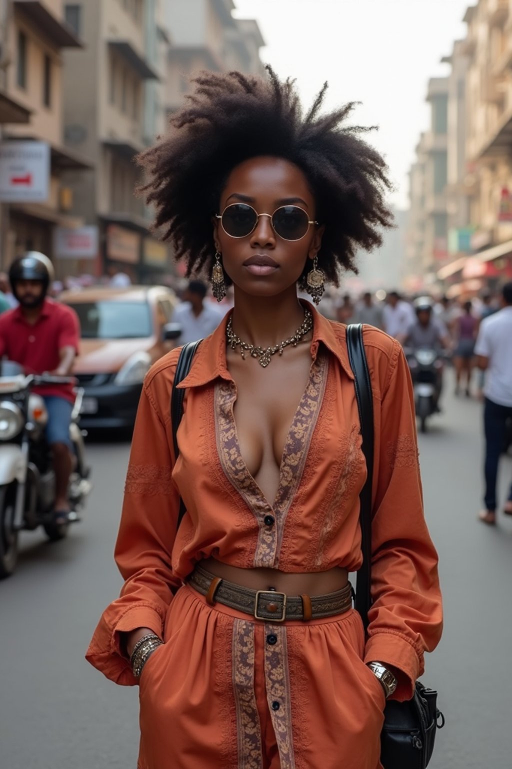 stylish and chic  woman in Mumbai wearing a contemporary fusion outfit, bustling streets of Mumbai in the background