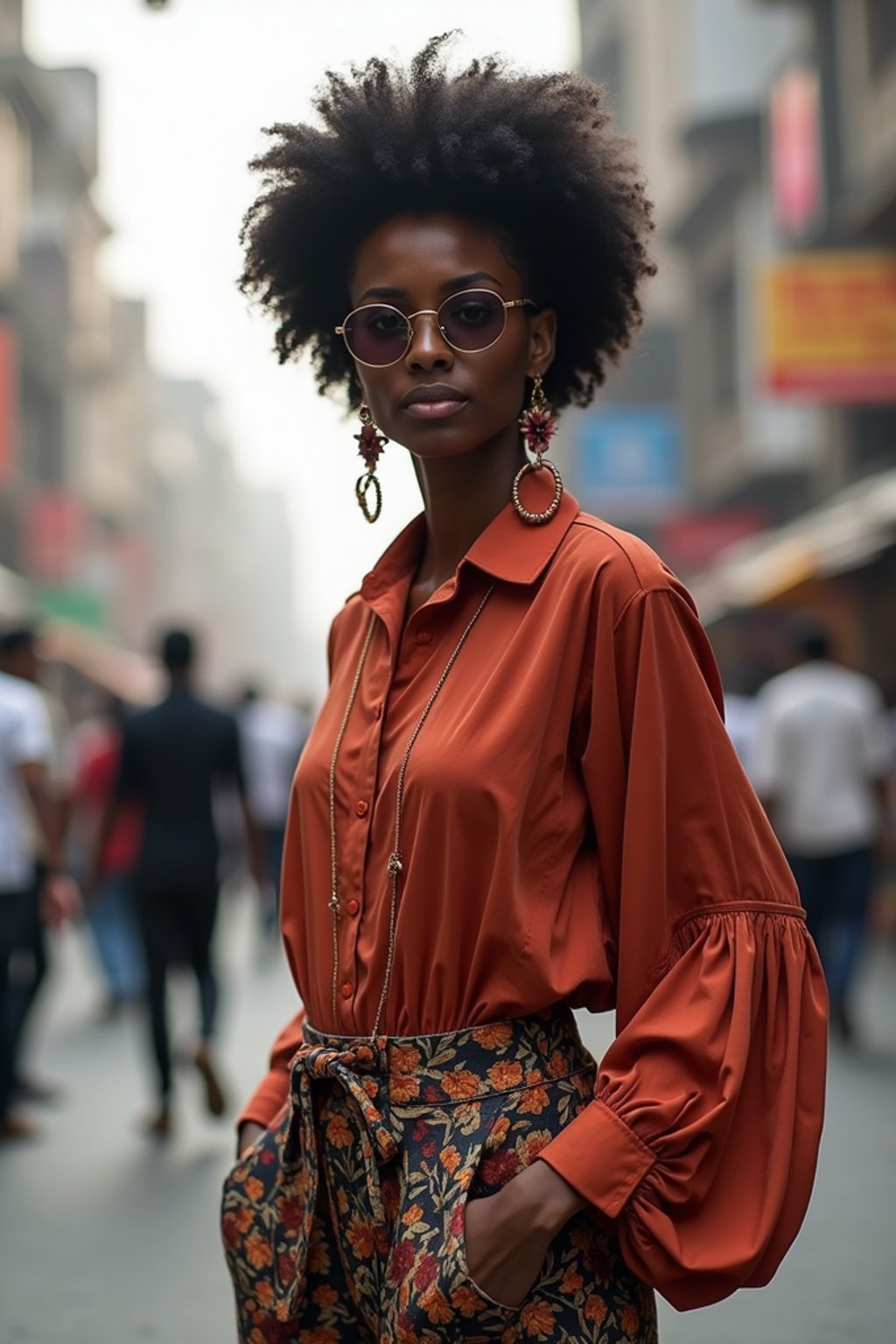 stylish and chic  woman in Mumbai wearing a contemporary fusion outfit, bustling streets of Mumbai in the background