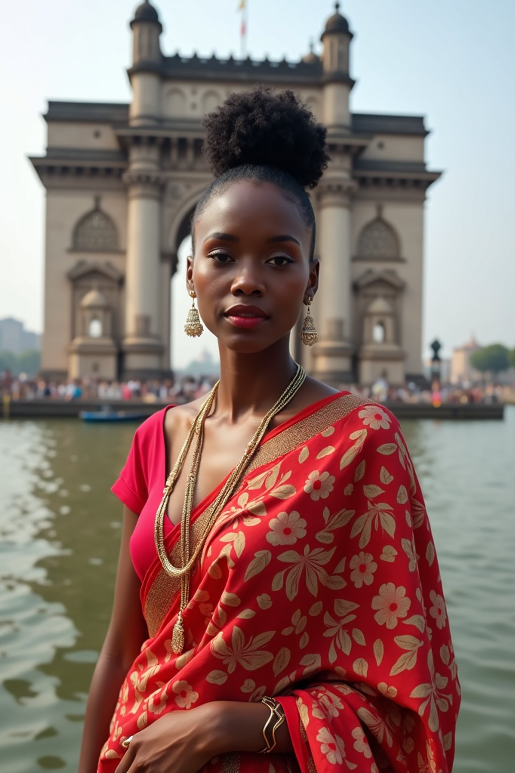 stylish and chic  woman in Mumbai wearing a vibrant saree/kurta, Gateway of India in the background