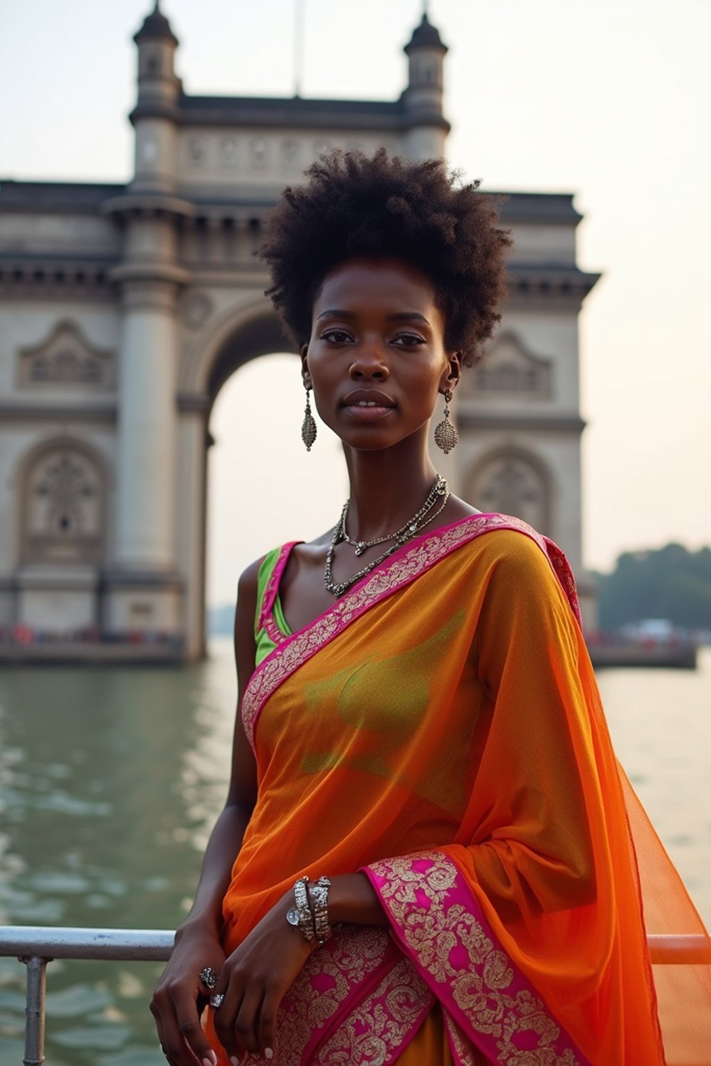 stylish and chic  woman in Mumbai wearing a vibrant saree/kurta, Gateway of India in the background