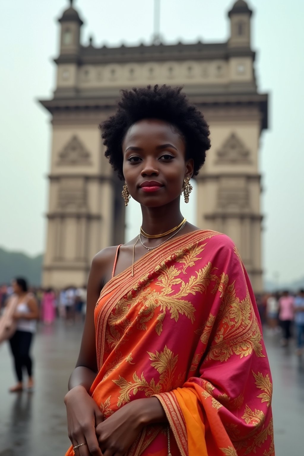 stylish and chic  woman in Mumbai wearing a vibrant saree/kurta, Gateway of India in the background