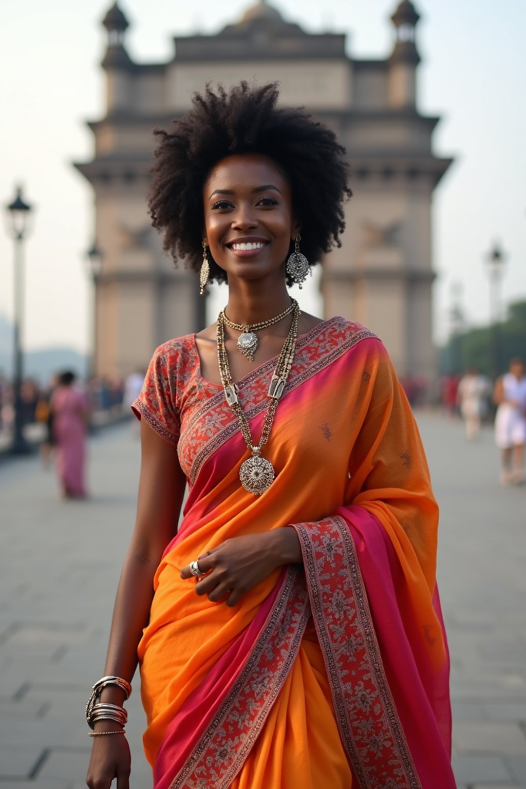 stylish and chic  woman in Mumbai wearing a vibrant saree/kurta, Gateway of India in the background