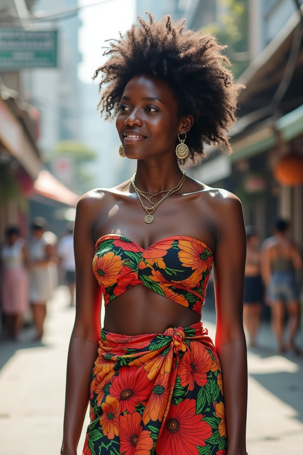 stylish and chic  woman in Thailand wearing a vibrant sarong, Bangkok in the background