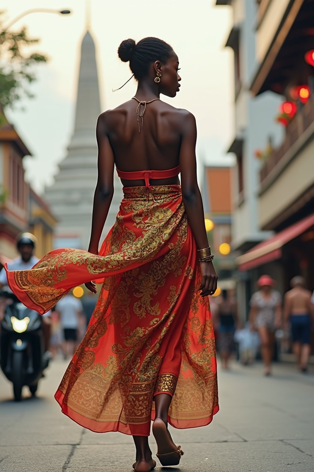 stylish and chic  woman in Thailand wearing a vibrant sarong, Bangkok in the background