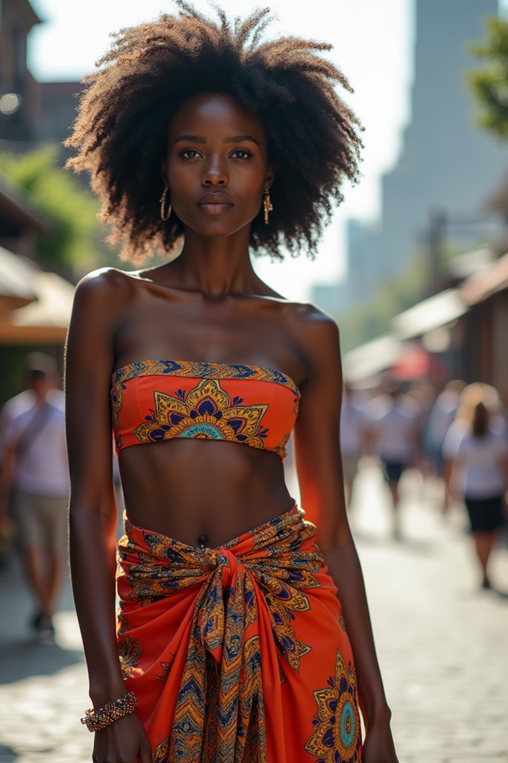 stylish and chic  woman in Thailand wearing a vibrant sarong, Bangkok in the background