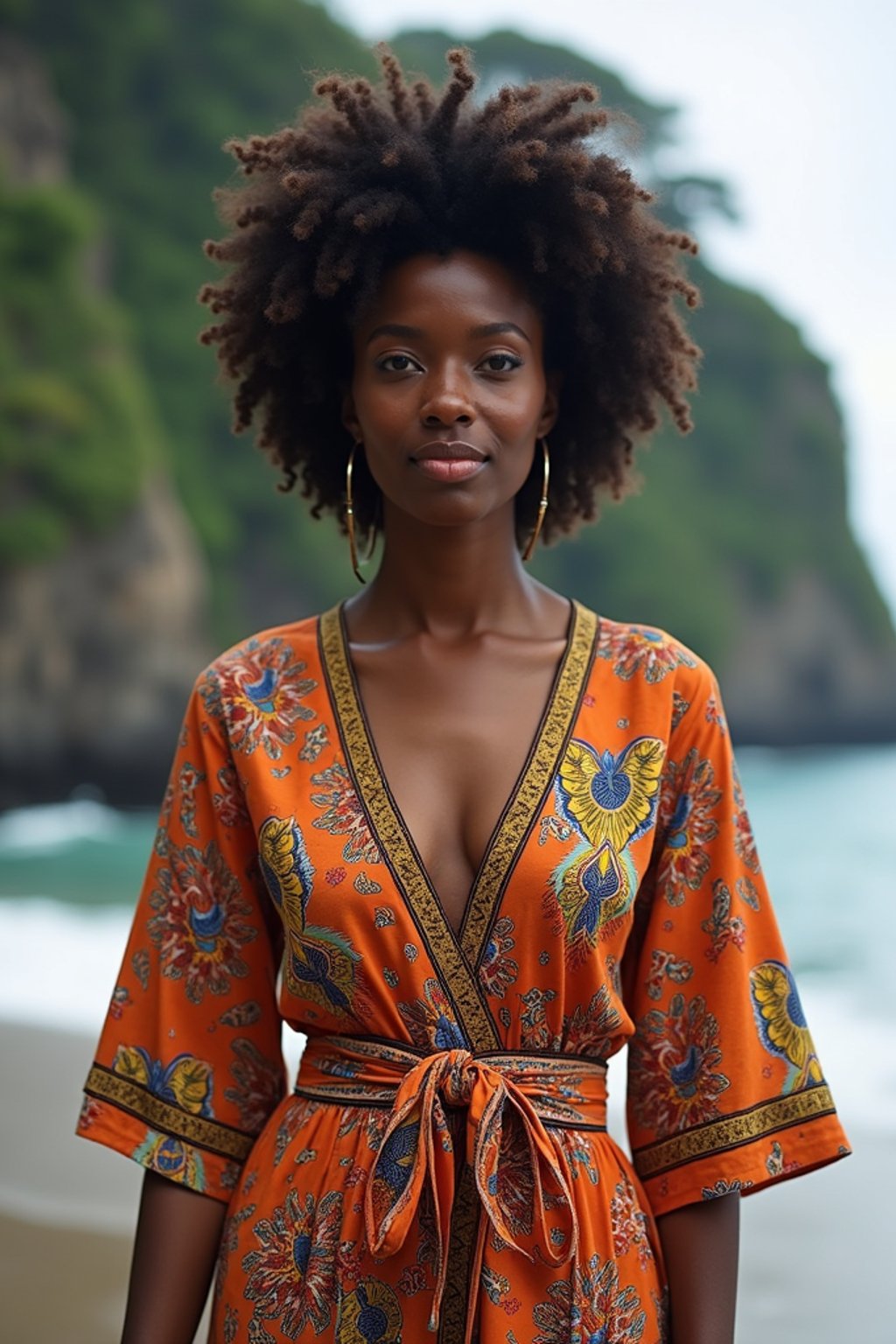 stylish and chic  woman in Bali wearing vibrant Batik clothes, Bali, Indonesia in the background