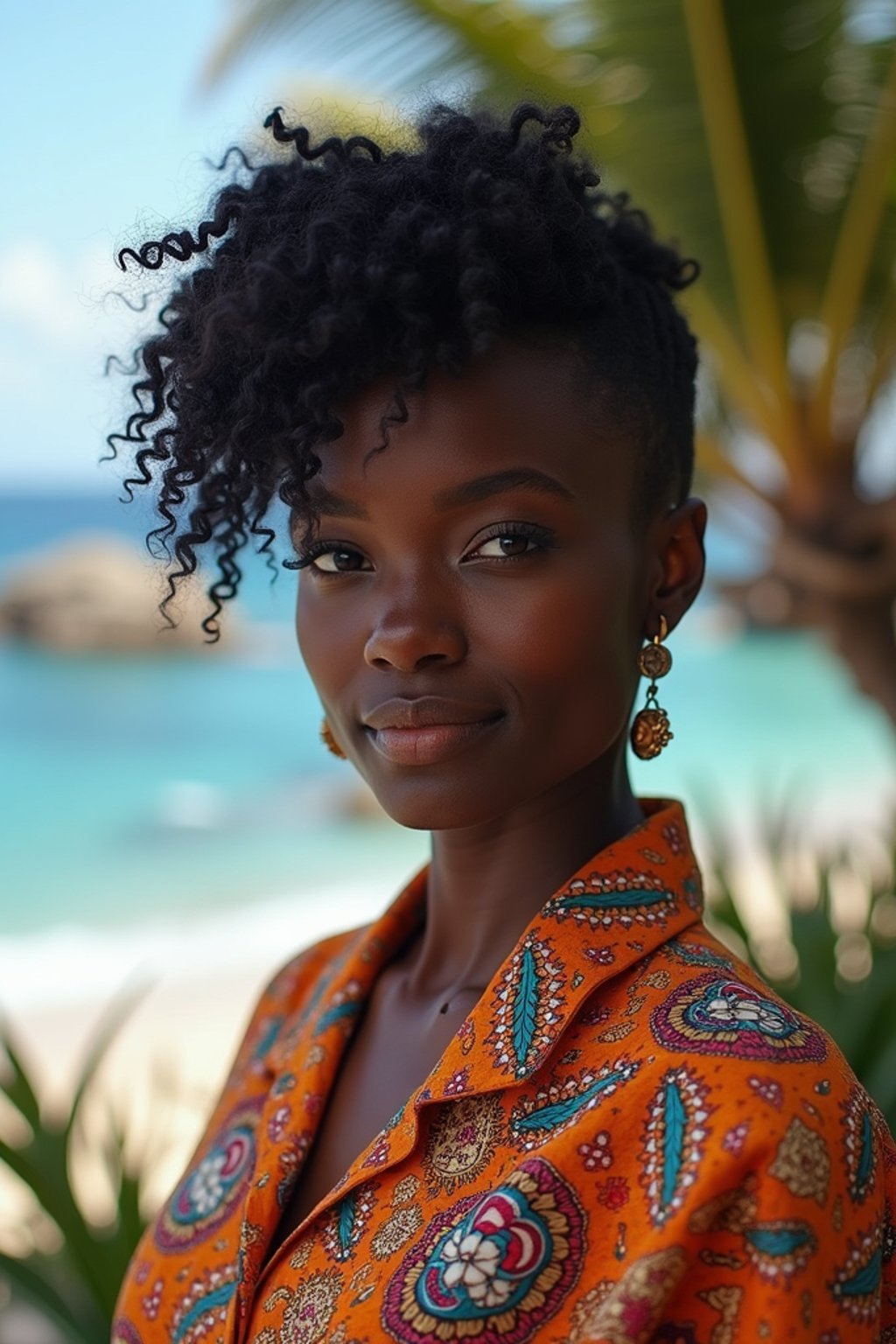 stylish and chic  woman in Bali wearing vibrant Batik clothes, Bali, Indonesia in the background